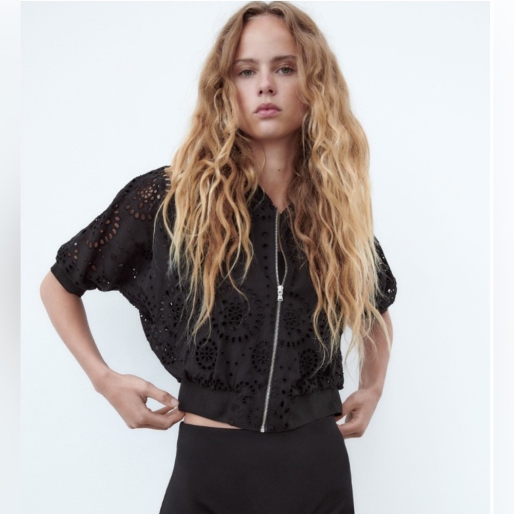 Zara Embroidered Eyelet Bomber Jacket